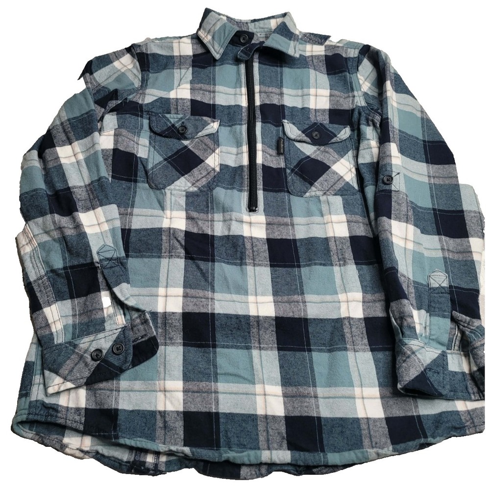 Five Brother Women's 1/4 Zip Blue Plaid Flannel‎ Large 100% Cotton